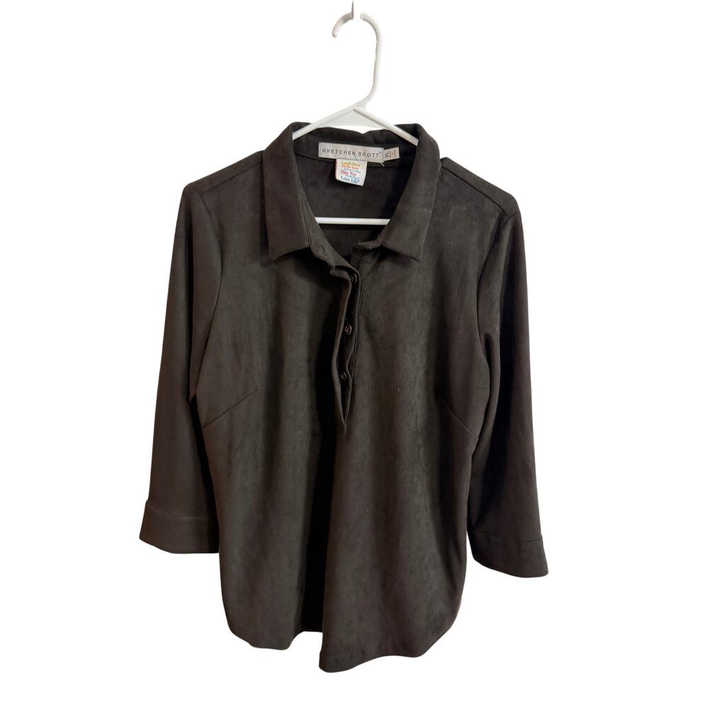 Gretchen Scott Black Faux Suede Longsleeve Top Sz XL Button Neck Collared Nice!